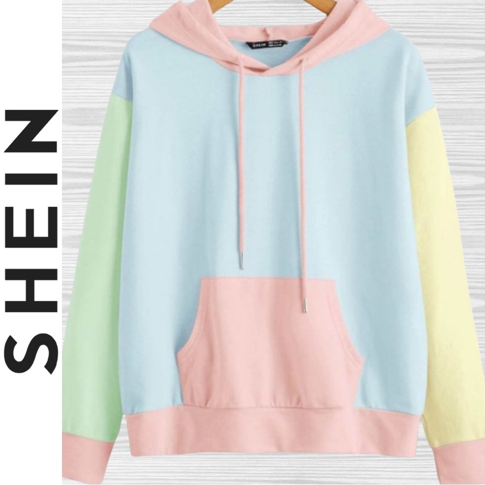 Shein Pastel Colorblock Drawstring Hoodie Front Pocket Pullover / Sz US Women XS